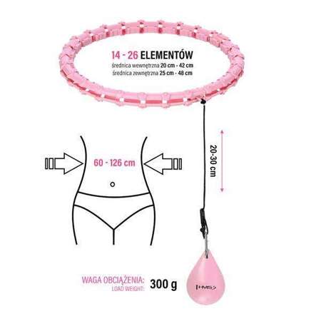 ZESTAW HULA HOP HHW11 LIGHT PINK Z WYPUSTKAMI I OBCIĄŻNIKIEM + PAS BR163 BLACK PLUS SIZE HMS