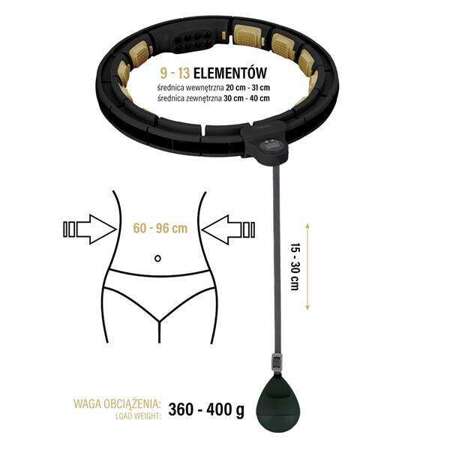 ZESTAW HULA HOP MAGNETYCZNY BLACK/GOLD HHM13 Z LICZNIKIEM HMS + PAS WYSZCZUPLAJĄCY BR163 BLACK